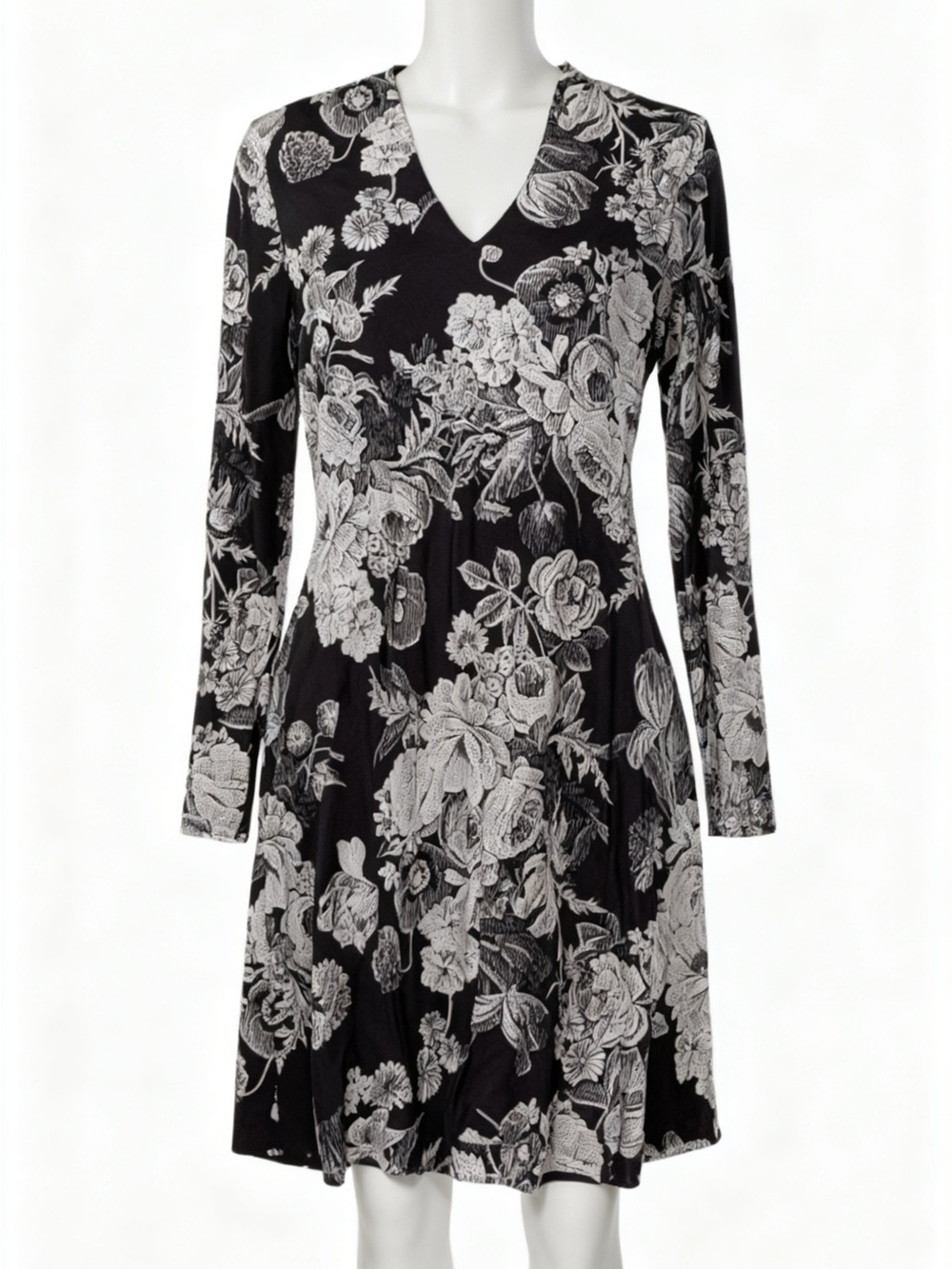 Anne Klein Purple and White Floral V-Neck Long-sleeve Midi Dress EUC